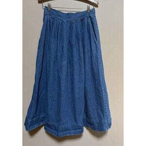 Vintage 90s Claude Cotton Pleated Denim Skirt Midi Pockets Size Small Cottage